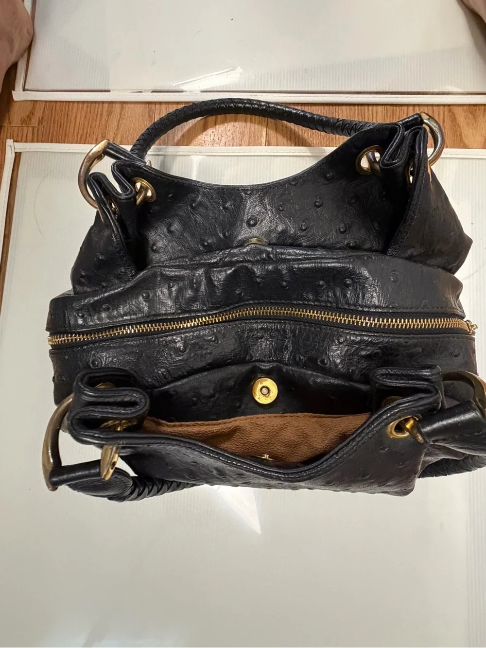 Isabella Adam’s Black Shoulder Bag with Gold Hardware - Embossed Texture